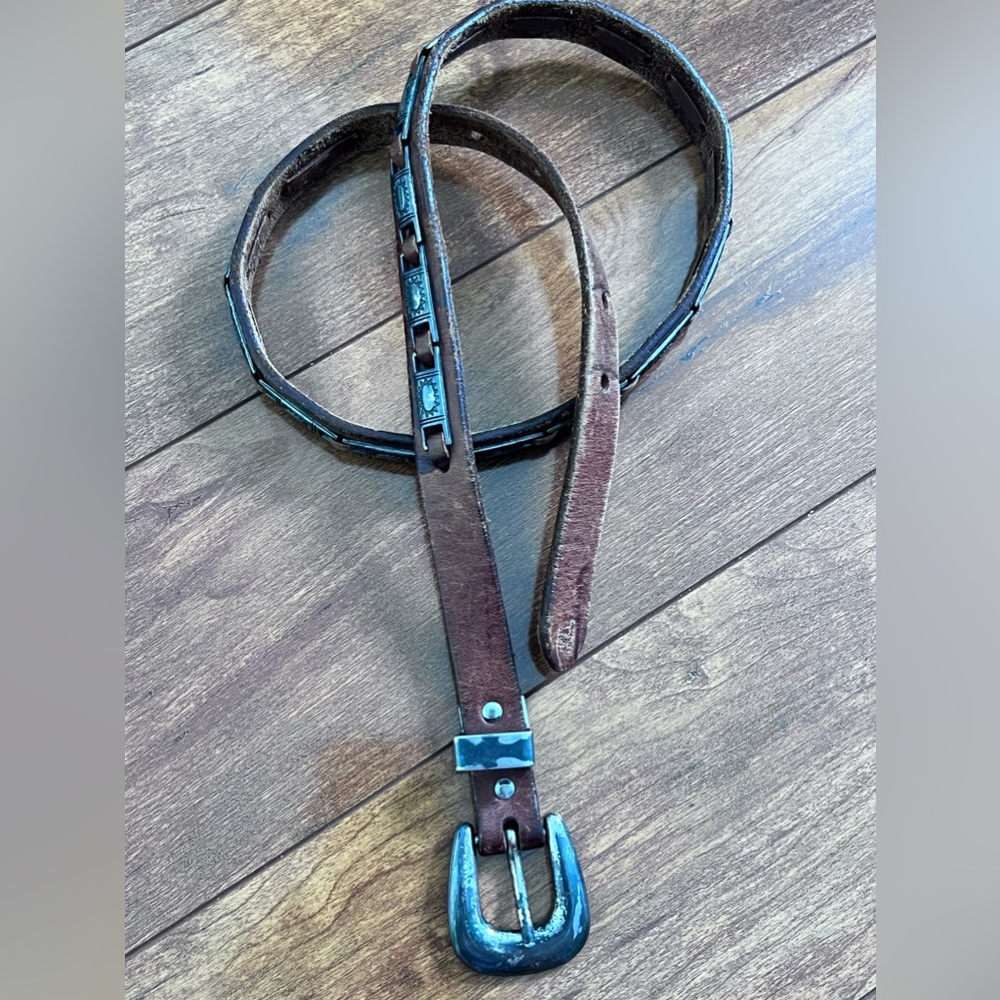 Vintage Brown Leather Belt with Silver Buckle and Trim-Size M